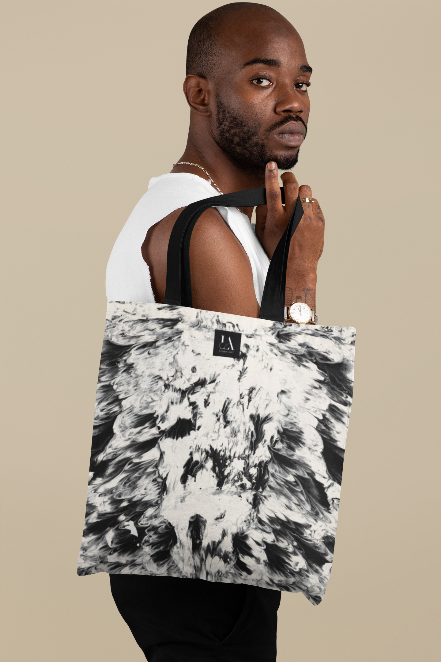 Canvas Tote Bag, Lumen Art Print, Cream and Black Pattern