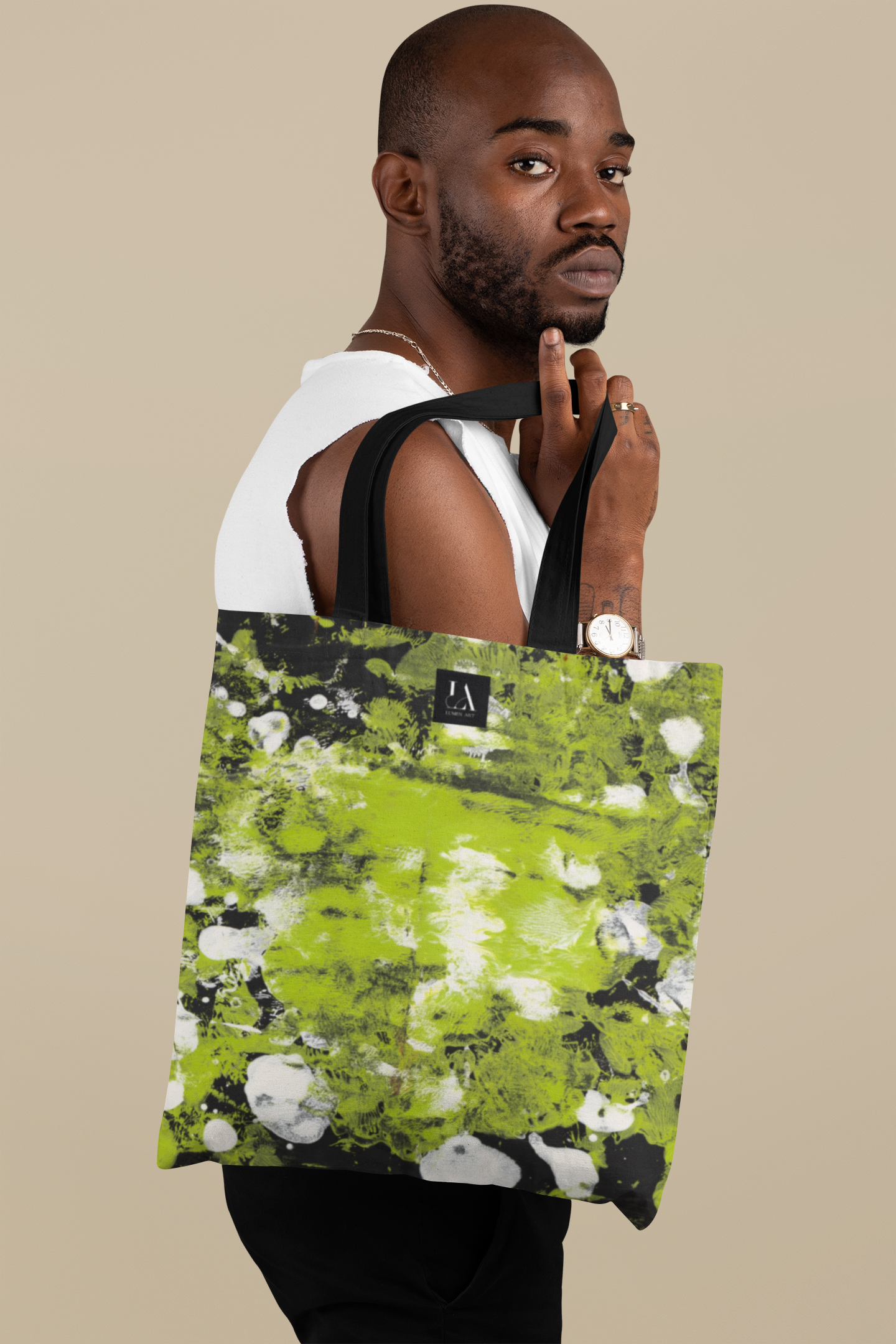 Canvas Tote Bag, Lumen Art Print, Green, White, Black Pattern